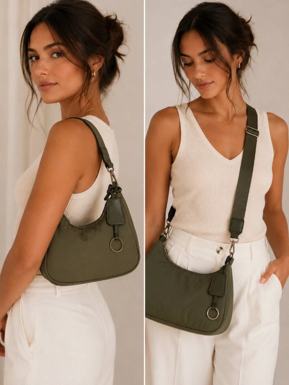 Olive Green Nylon Shoulder Crossbody Bag Silver Ring Charm